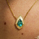 Pear-cut lagoon tourmaline necklace with natural diamond and hand-carved 14K yellow gold Art Deco Style
