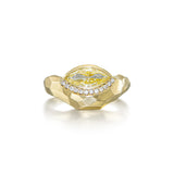 One-of-a-kind fancy yellow marquise diamond curve ring in 14K gold with white diamond pavé and hand-carved gold facets