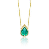 Front view of 1.95 ct natural pear-cut emerald pendant in a sculptural hand-carved 14K yellow gold setting.