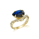 Pear labradorite ring with diamond pave and organice sculptural gold band