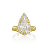 Front view of a 2 CT pear diamond halo engagement ring with a sculptural textured gold band.