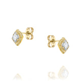 Princess-cut diamond earrings with rough textured gold and high polish finish