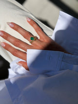 Cushion-Cut Emerald Wave Ring with Diamond Pavé