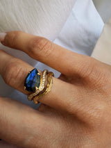 Pear-Shaped Labradorite Ring with Diamond Pavé and Sculptural Organic Wave Band in 14K Gold