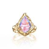 Danielle Gerber 2.8 CT fancy-cut pear moonstone engagement ring in 14K yellow gold with pink, blue and lavender sunset hues and sculptural organic setting