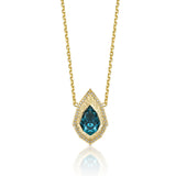 Pear-cut lagoon tourmaline necklace with natural diamond details and hand-carved 14K yellow gold Art Deco pendant.