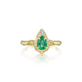 Front view of Mystic emerald and diamond ring with a 0.70 ct pear-shaped natural emerald and sculptural 14K yellow gold setting.