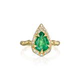 Mystic ring with 2.35 ct pear-shaped natural emerald, natural diamond detailing and hand-carved textured 14K yellow gold band.