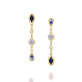 Danielle Gerber Dia 14k gold hanging earrings with blue sapphires, diamonds and rough textured bezels, white background