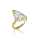 2 CT pear-shaped natural diamond engagement ring with diamond halo and hand-carved organic gold band.