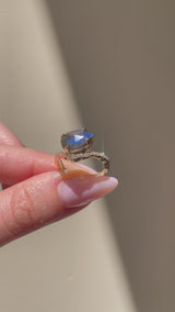 video of a Pear-Shaped Labradorite Ring with Diamond Pavé and Sculptural Organic Wave Band in 14K Gold
